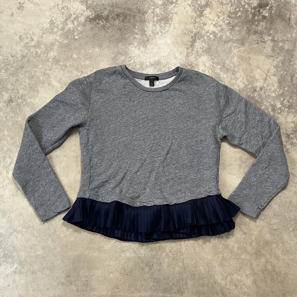 J.Crew Sweatshirt Womens Small Pleated Hem Gray Navy Blue Preppy‎ Long Sleeve